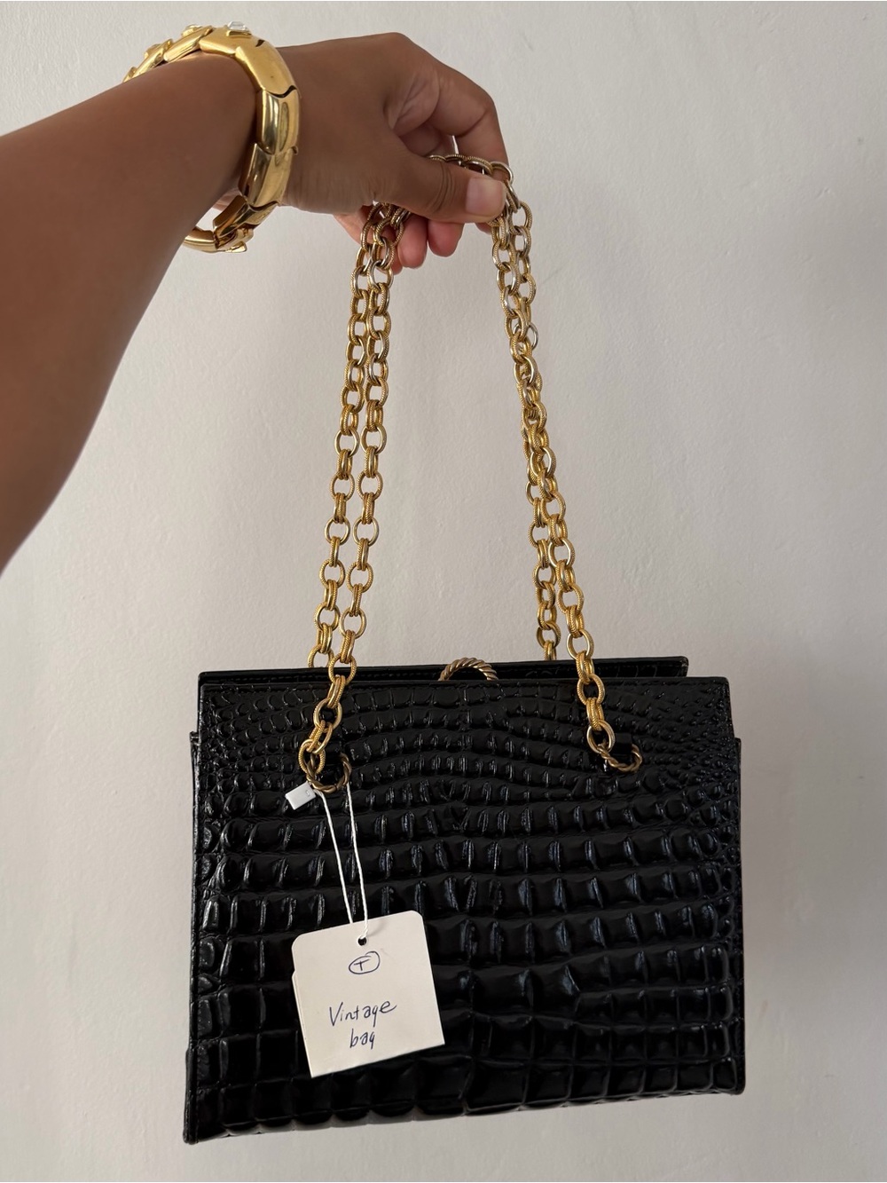 Don Lester Black Croc-Embossed Chain Handle Shoulder Bag